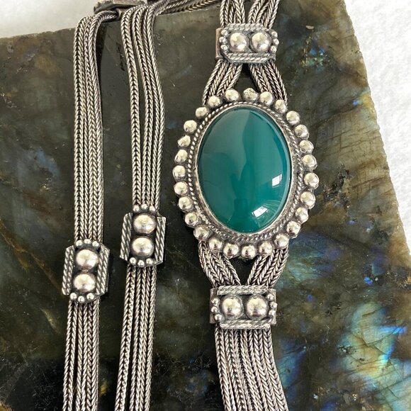 Sterling Silver 925 Green Chrysoprase Multi Strand Foxtail Chain Tassel Necklace - Picture 15 of 16